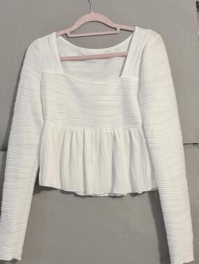 White Textured Long Sleeve Peplum Top Size M